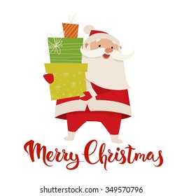 Cute Santa Claus character. Merry Christmas vector card with funny Christmas character. Merry Christmas lettering