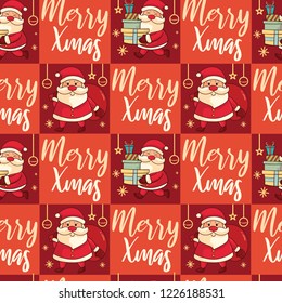 Cute Santa Claus Characters Christmas Seamless Pattern with "Merry Xmas" text For wrapper, apparel, textile and print