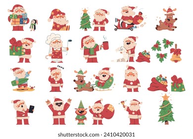 Cute Santa Claus characters and Christmas elements vector cartoon set.