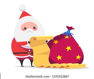 Cute Santa Claus checks his list to see who has been naughty or nice. Vector illustration isolated on white background.