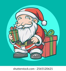 cute santa claus chibi cartoon holding gift box