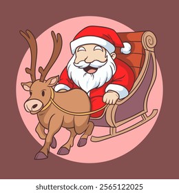 cute santa claus chibi cartoon riding reindeer sleigh