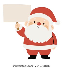 Cute Santa Claus in childish simple style holds a sign, a place for your text. Flat vector illustration on white background