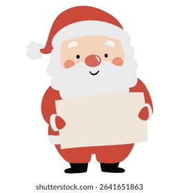 Cute Santa Claus in childish simple style holds a sign, a place for your text. Flat vector illustration on white background