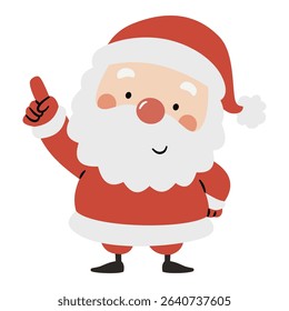 Cute Santa Claus in a childishly simple style pointing somewhere. Flat vector illustration on white background