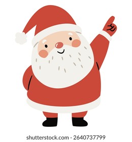 Cute Santa Claus in a childishly simple style pointing somewhere. Flat vector illustration on white background
