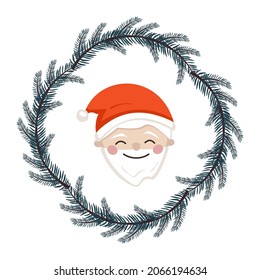 Cute Santa Claus in children style with festive decorations for holiday, New Year and Christmas. Funny old man with happy face and wreath of fir branches. Vector flat illustration