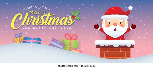 Cute santa claus with chimney and gifts on snowy background. Merry Christmas banner design. Xmas vector illustration.