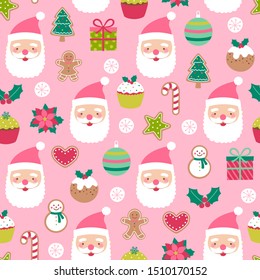 Cute Santa Claus And Christmas Elements Seamless Pattern Background