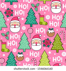 Cute santa claus, christmas elements and word "HO HO HO" seamless pattern background.