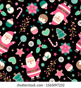 Cute santa claus and christmas elements seamless pattern background.