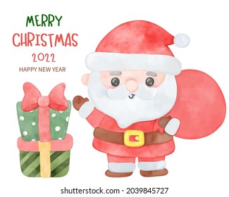 Cute santa claus with Christmas gift cartoon Xmas vector Kawaii character. Fairytale illustration: Series Happy new year girly doodle. Isolated on white background. Perfect make a wish for party.