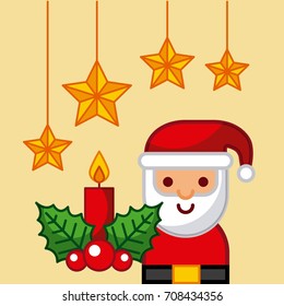 cute santa claus christmas stars candle holly berry