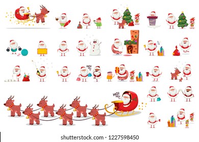 Cute Santa Claus, Christmas tree, reindeer, elf and snowman in different actions. Vector cartoon holiday character set isolated on white background.