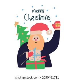 Cute Santa claus with Christmas tree and gift boxes and text Merry Christmas.