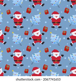 Cute Santa Claus with Christmas tree and gift seamless pattern. This pattern can be use for fabric textile wallpaper wrap paper background.