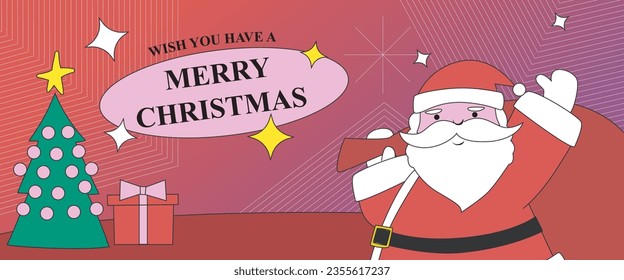 a cute Santa Claus with Christmas tree and gifts merry Christmas banner or social media and card
