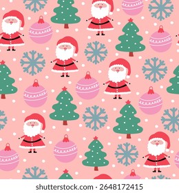Cute Santa Claus, Christmas tree and ornament seamless pattern on pink background. Holiday season decorative design for gift wrapping. Vector.