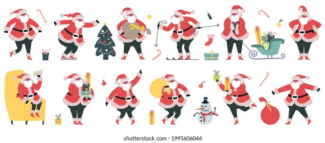 Cute Santa Claus. Christmas winter holidays characters, cheerful Santa with gifts vector illustration set