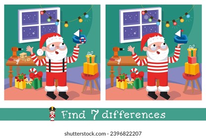 Cute Santa Claus in Christmas workshop. Find 7 differences. Educational puzzle game for children. Cartoon funny characters. Vector illustration for kids.