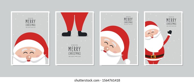 Cute santa claus close up card set. Merry christmas and Happy New Year greeting winter snowy background lettering vector. Christmas card set.