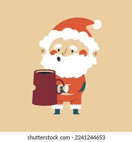 Cute Santa Claus with coffee mug vector Christmas cartoon character isolated on background.