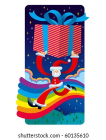 Cute Santa Claus coming from a midnight colorful rainbow carry a giant Christmas present.