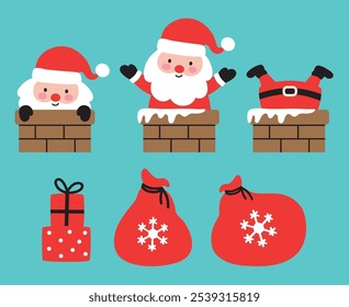 Cute Santa Claus coming out of the chimney and getting stuck in the chimney with Christmas gifts vector illustration.