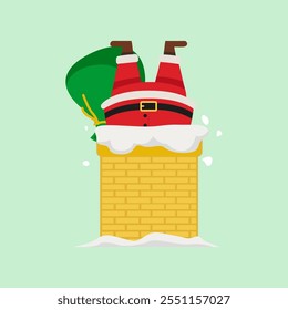 Cute Santa Claus coming out of the chimney and getting stuck in the chimney with Christmas gifts vector illustration design.