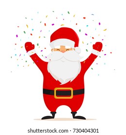 Cute Santa Claus and Confetti. Christmas and New Year isolated vector illustration.