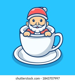 Cute Santa Claus in Cup Coffee Vector Illustration. Merry Christmas Mascot Logo Concept. Flat Cartoon Style Suitable for Sticker, Wallpaper, Icon, etc.