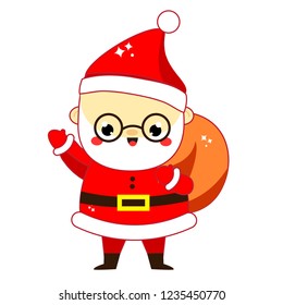 Cute Santa Claus. Daddy Frost with bag full of presents. New Year and Christmas character in kawaii style. Isolated vector icon