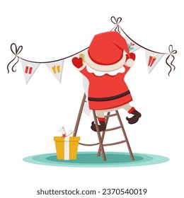 Cute Santa Claus decorates house with beautiful garland with gift boxes. Christmas, New Year coloured vector illustration. Collection of Santa in cartoon style. Humour