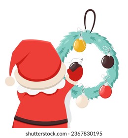 Cute Santa Claus decorates spruce wreath with glass balls. Christmas, New Year coloured vector illustration. Collection of Santa in cartoon style. Humour