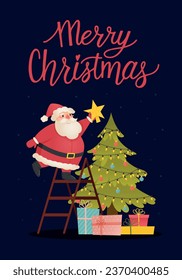 Cute Santa Claus Decorating Christmas Tree. Cozy Scene with Santa Claus Stands on Ladder and Puts Star on Decorated Christmas Tree with Gifts under It