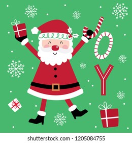 Cute Santa Claus and decorative text joy design with red and green color, vector illustration