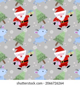 Cute Santa Claus with deer Christmas tree and gift seamless pattern.