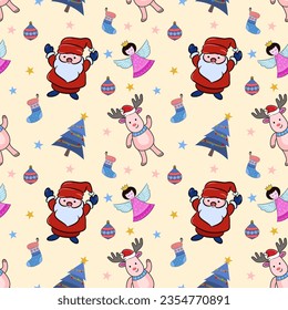 Cute Santa claus with deer, Christmas tree, Angel, on yellow background seamless pattern.