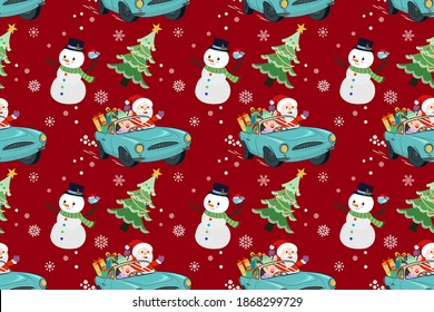 Cute Santa Claus and deer drive a car with gifts, seamless pattern.