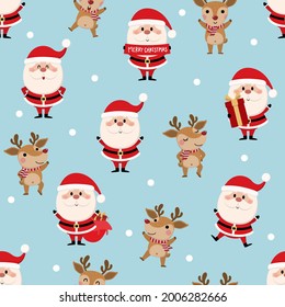 Cute Santa Claus and deer seamless pattern and background. Christmas holidays cartoon character. -Vector