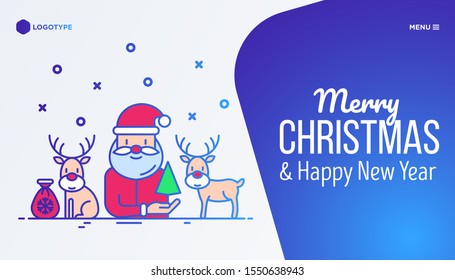 Cute Santa Claus and deers template with copy space. Christmas and New Year greeting card. Thin line icons. Modern vector illustration.