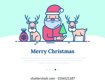 Cute Santa Claus and deers template with copy space. Christmas and New Year greeting card. Thin line icons. Modern vector illustration.