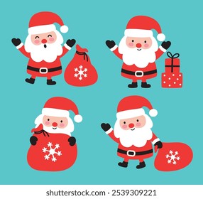 Cute Santa Claus delivering Christmas gift sacks and boxes vector illustration.