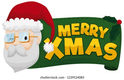 Cute Santa Claus doing a salute wink at you with a green greeting fabric decorated with holly leaves and berry for Christmas celebration.