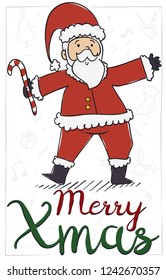 Cute Santa Claus in doodle style holding a candy cane in a commemorative postcard to present this Christmas -or Xmas- celebration.