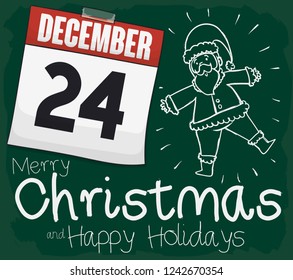 Cute Santa Claus drawing on chalkboard with loose-leaf calendar with reminder date for Christmas and greeting for this Xmas's holidays.