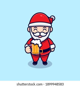 Cute Santa Claus Drinking Beer Mascot Cartoon Vector Illustration. 