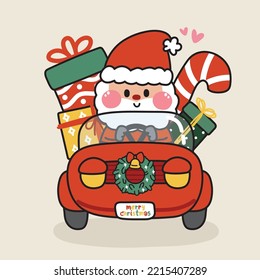 Cute santa claus drive a car with gift and candy cartoon.Merry christmas concept.New year festival.Character design.Holly.Kawaii.Vector.Illustration.