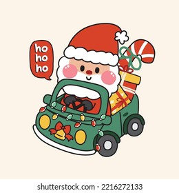 Cute santa claus drive a car with christmas gift box.Ho ho ho text.Cartoon character design hand drawn.New year.Winter.Kawaii.Vector.Illustration.