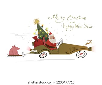 Cute Santa Claus drives an old brown car and carries gifts with funny pig on sled.